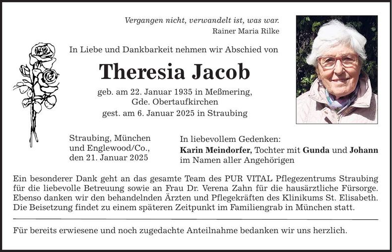Traueranzeige Theresia Jacob