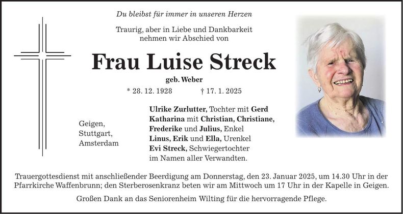 Traueranzeige Luise Streck