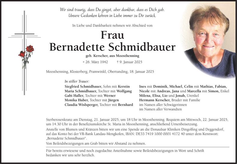 Traueranzeige Bernadette Schmidbauer