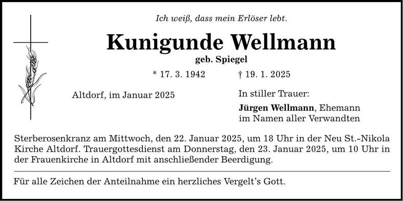 Traueranzeige Kunigunde Wellmann