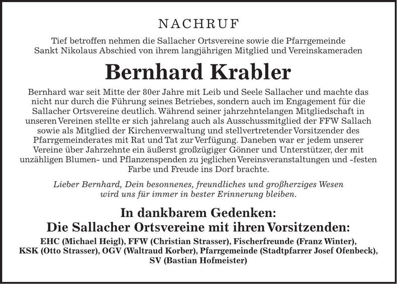 Traueranzeige Bernhard Krabler