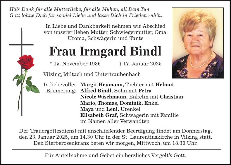 Traueranzeige Irmgard Bindl