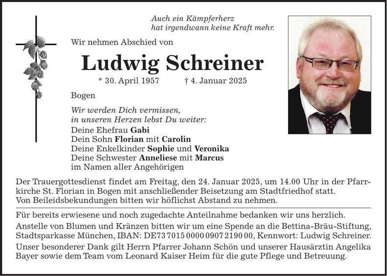 Traueranzeige Ludwig Schreiner