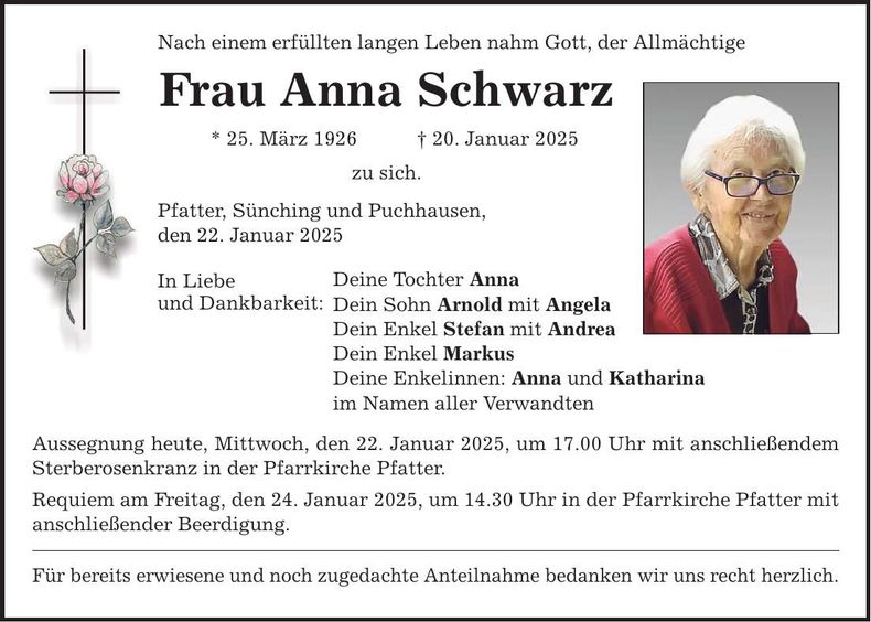 Traueranzeige Anna Schwarz