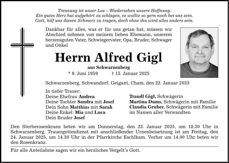 Traueranzeige Alfred Gigl