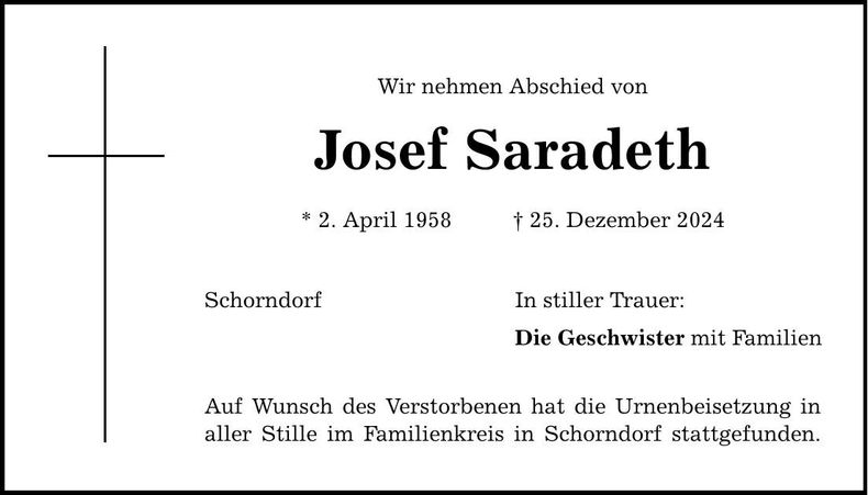 Traueranzeige Josef Saradeth