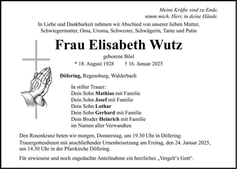Traueranzeige Elisabeth Wutz