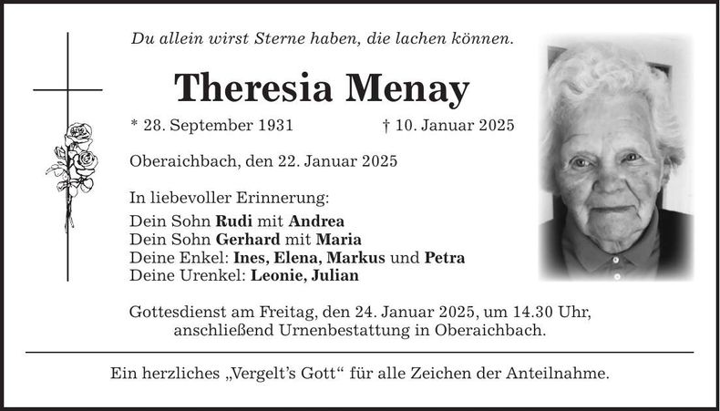 Traueranzeige Theresia Menay