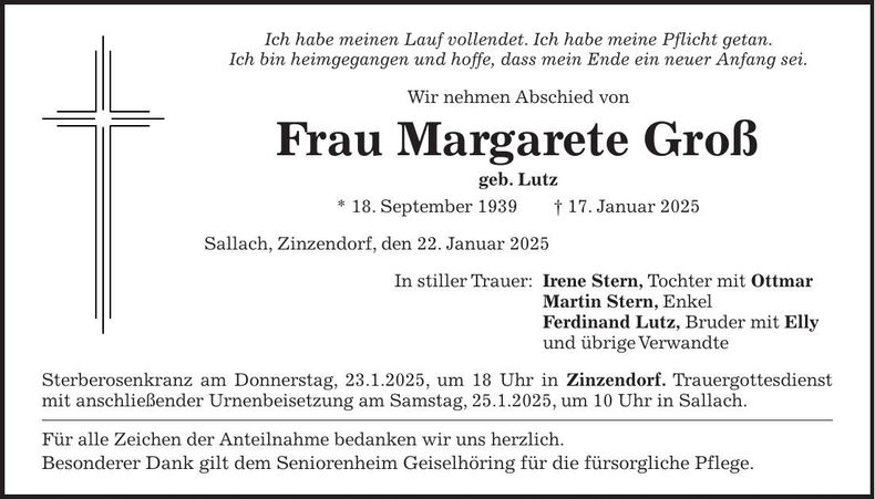 Traueranzeige Margarete Groß