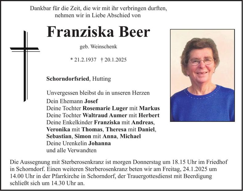 Traueranzeige Franziska Beer