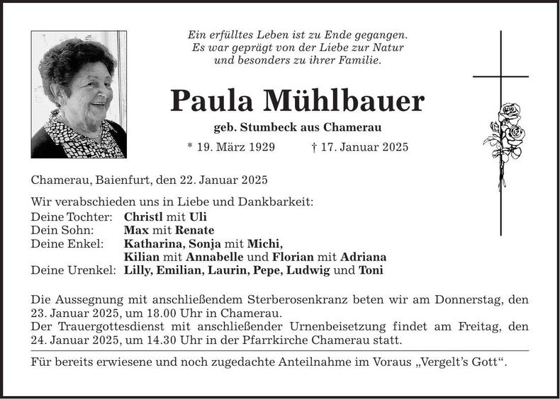 Traueranzeige Paula Mühbauer