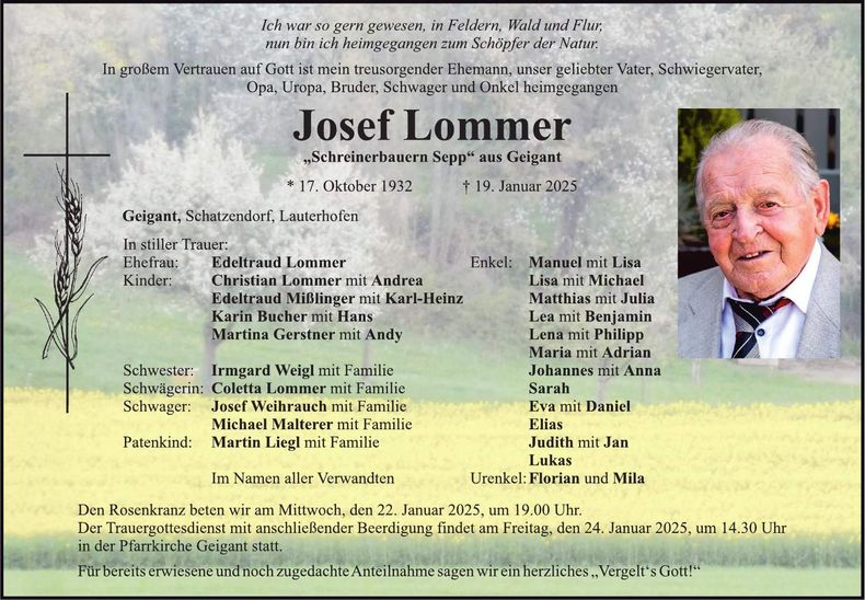 Traueranzeige Josef Lommer