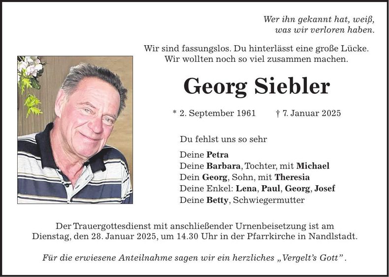 Traueranzeige Georg Siebler
