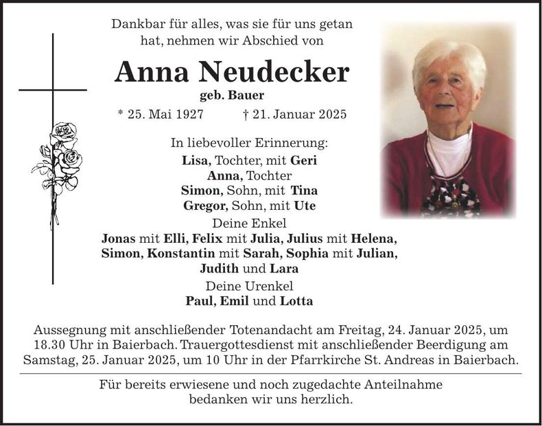 Traueranzeige Anna Neudecker