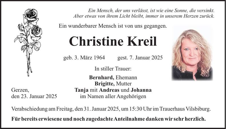 Traueranzeige Christine Kreil