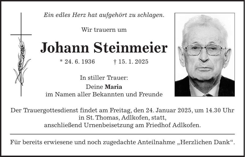 Traueranzeige Johann Steinmeier