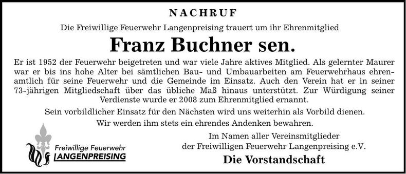 Traueranzeige Franz Buchner sen.