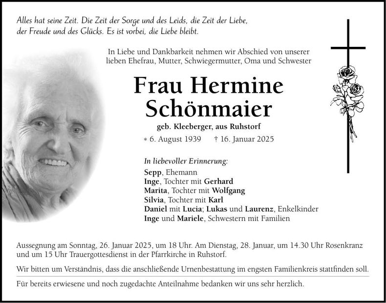 Traueranzeige Hermine Schönmaier