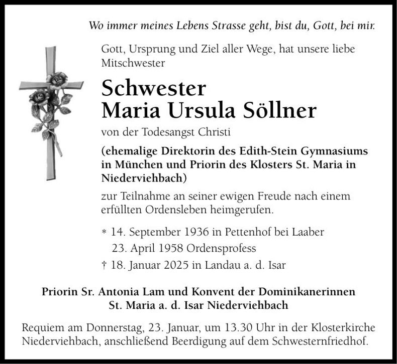 Traueranzeige Schwester Maria Ursula Söllner