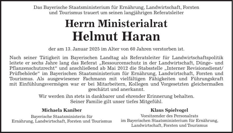 Traueranzeige Helmut Haran