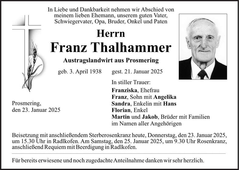 Traueranzeige Franz Thalhammer