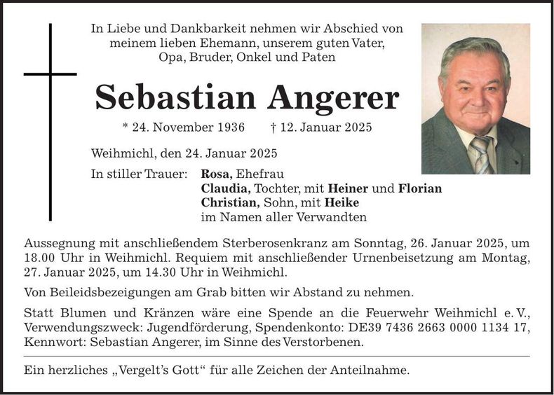 Traueranzeige Sebastian Angerer