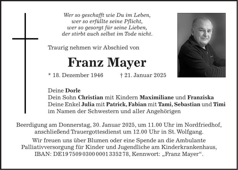 Traueranzeige Franz Mayer