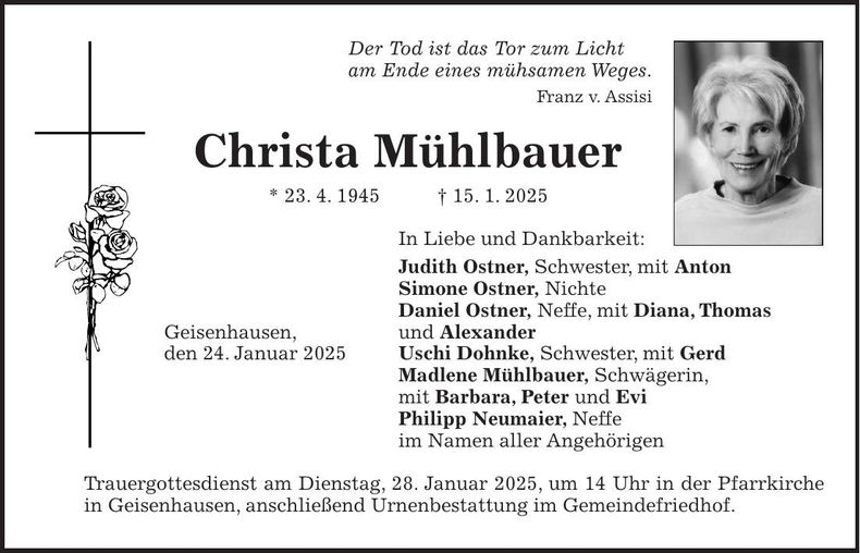 Traueranzeige Christa Mühlbauer