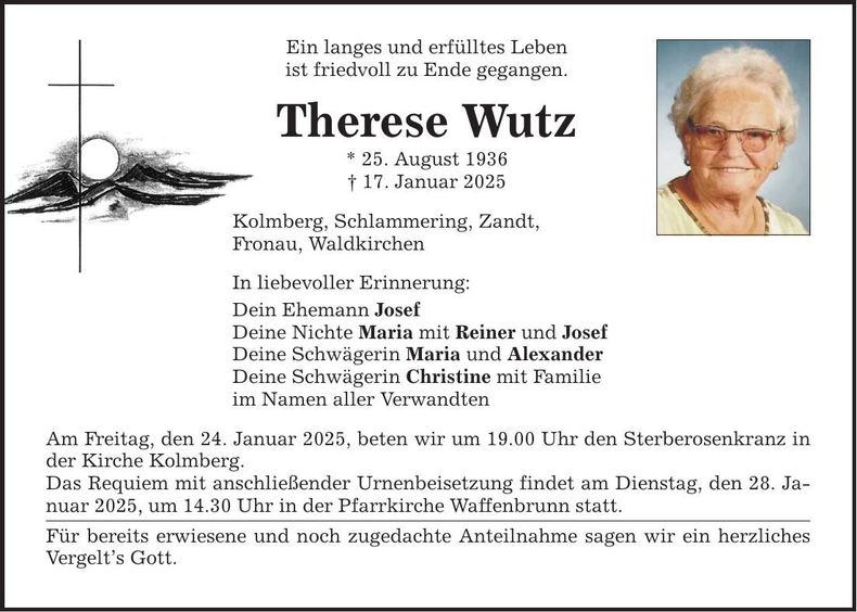 Traueranzeige Therese Wutz