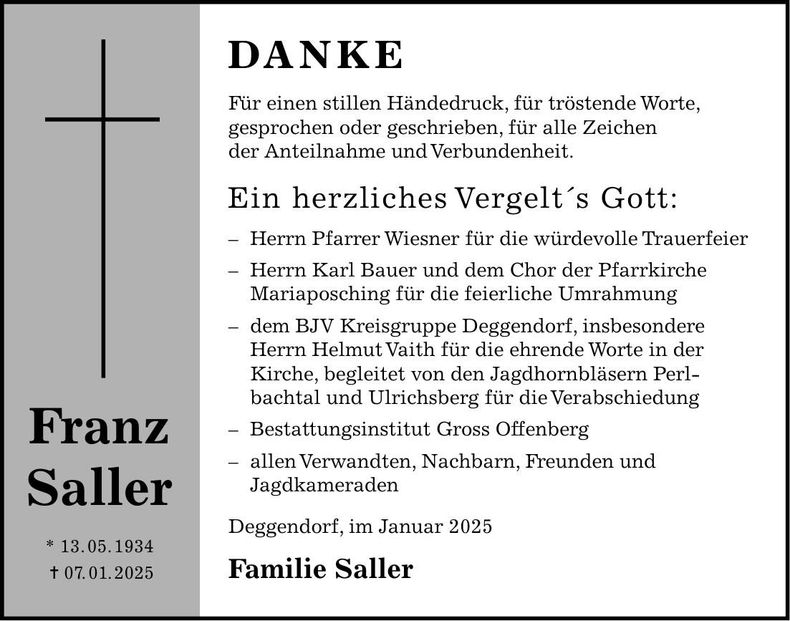 Traueranzeige Franz Saller