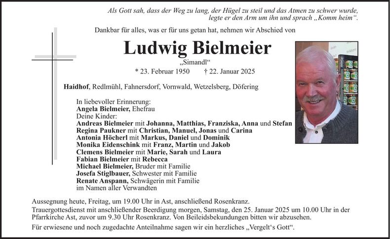 Traueranzeige Ludwig Bielmeier