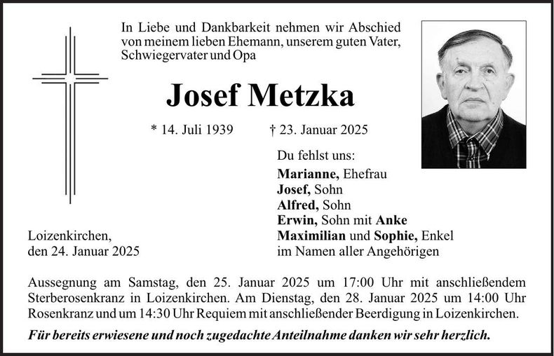 Traueranzeige Josef Metzka