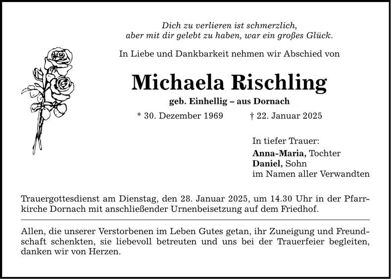 Traueranzeige Michaela Rischling