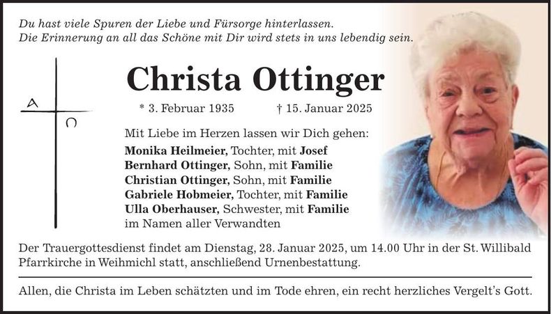 Traueranzeige Christa Ottinger