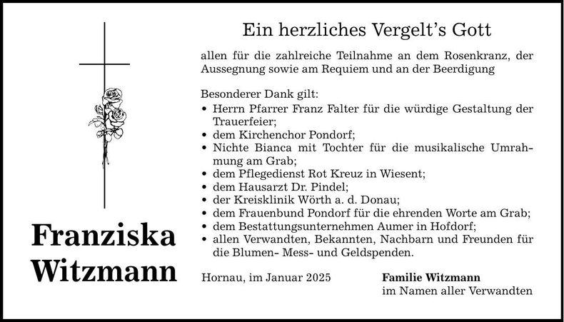Traueranzeige Franziska Witzmann