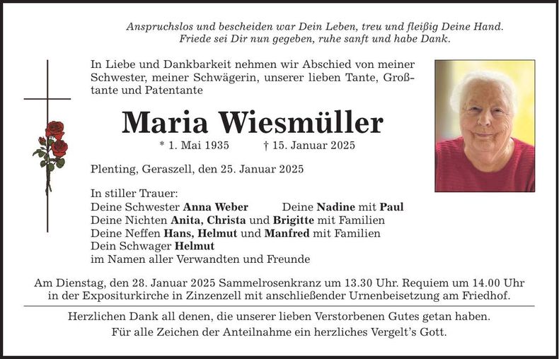 Traueranzeige Maria Wiesmüller