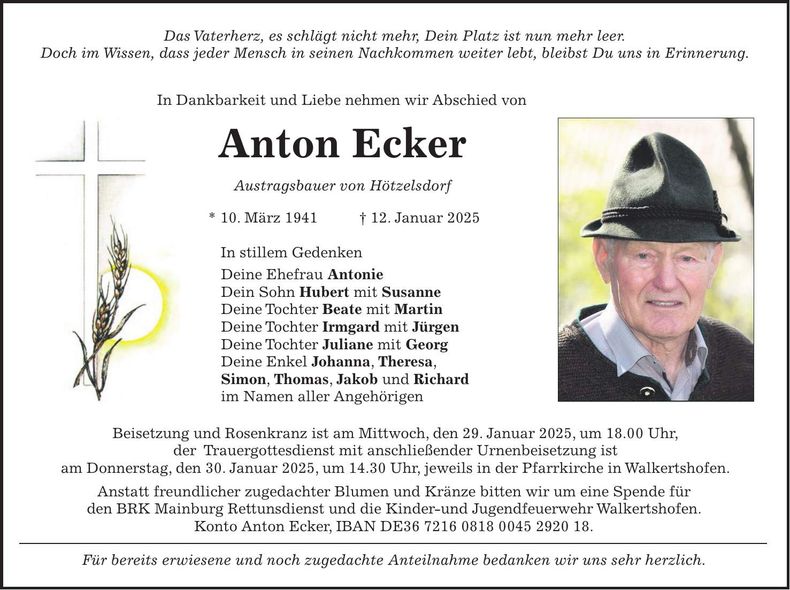 Traueranzeige Anton Ecker