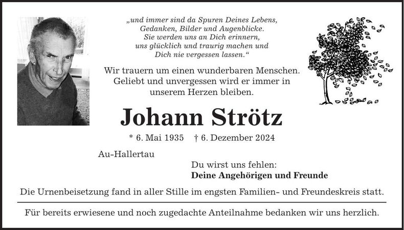 Traueranzeige Johann Strötz