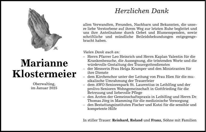 Traueranzeige Marianne Klostermeier