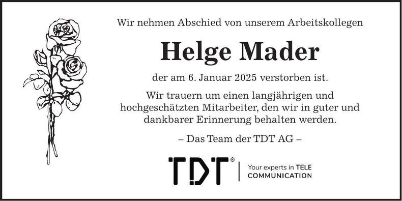 Traueranzeige Helge Mader