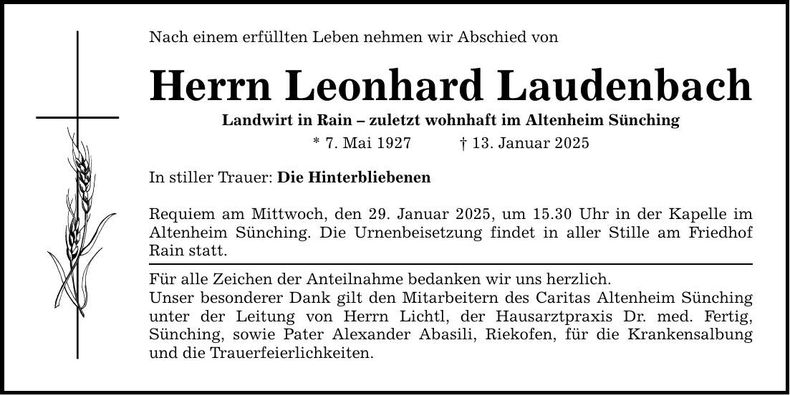 Traueranzeige Leonhard Laudenbach