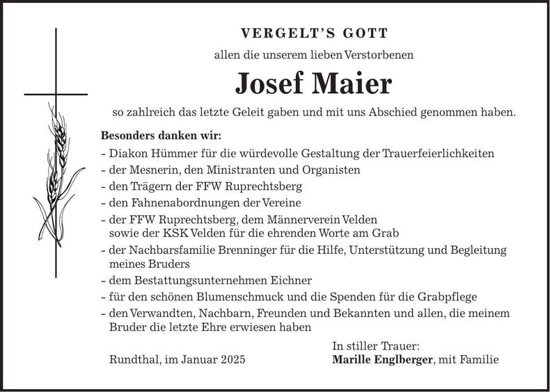Traueranzeige Josef Maier