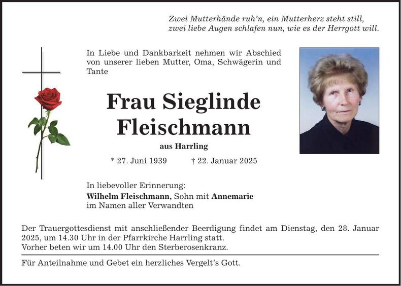 Traueranzeige Sieglinde Fleischmann