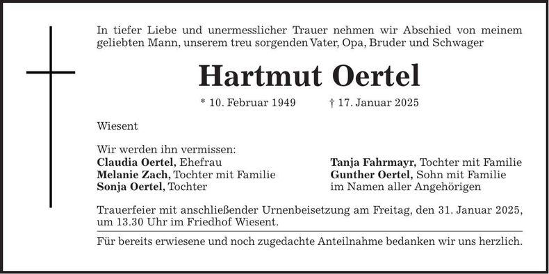 Traueranzeige Hartmut Oertel