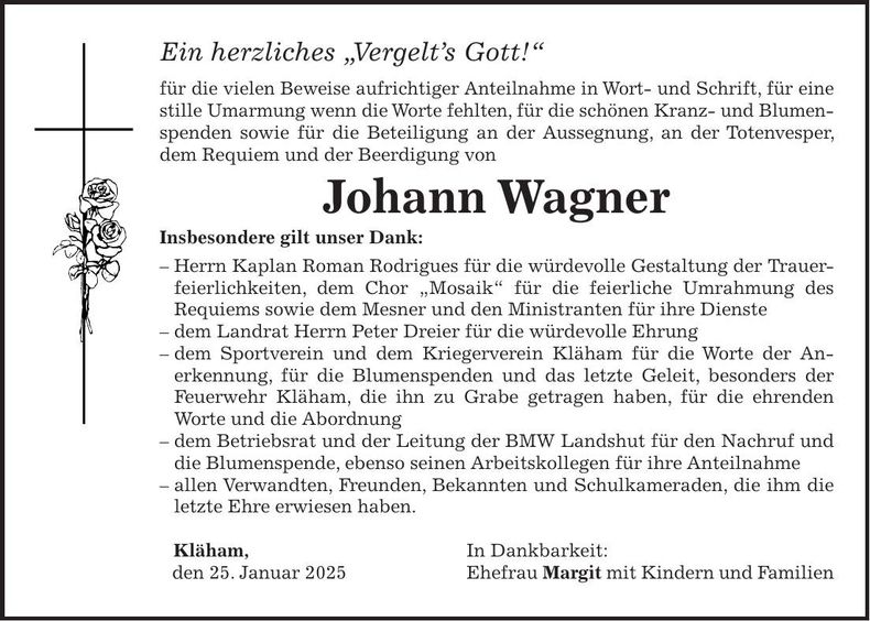 Traueranzeige Johann Wagner