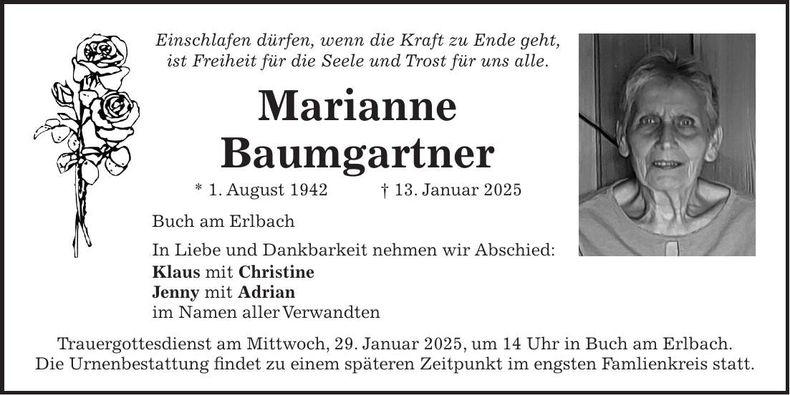 Traueranzeige Marianne Baumgartner