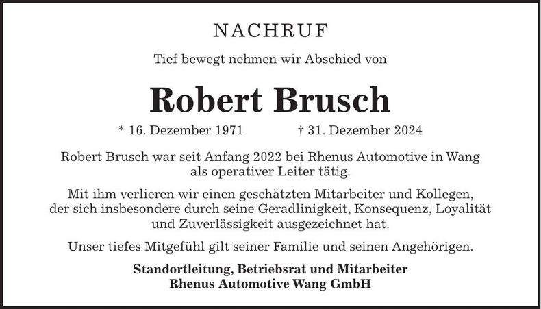 Traueranzeige Robert Brusch