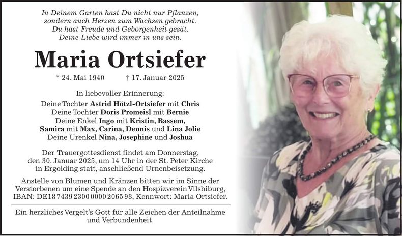Traueranzeige Maria Ortsiefer
