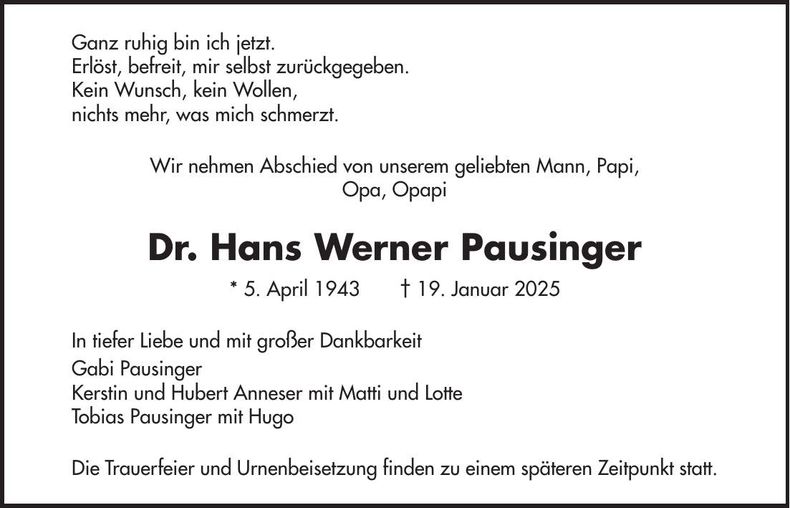 Traueranzeige Hans Werner Dr. Pausinger