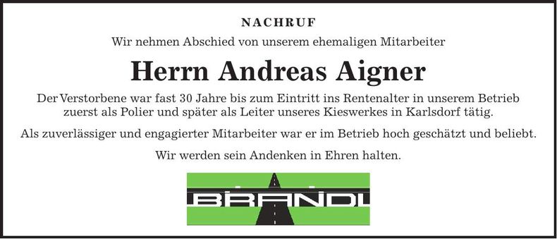 Traueranzeige Andreas Aigner